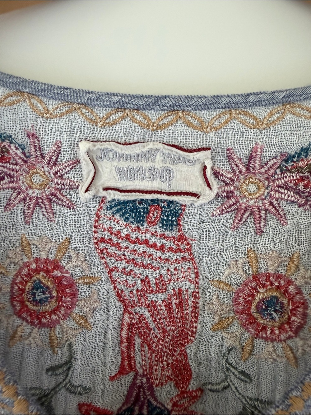 Johnny Was Light Blue Embroidered Floral & Bird Tunic - Picture 3 of 10